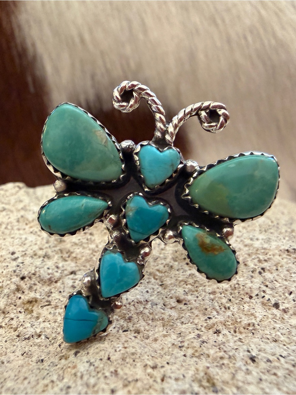 ❤️ Kingman Turquoise Heart Dragonfly Statement Sterling Silver Adjustable Ring